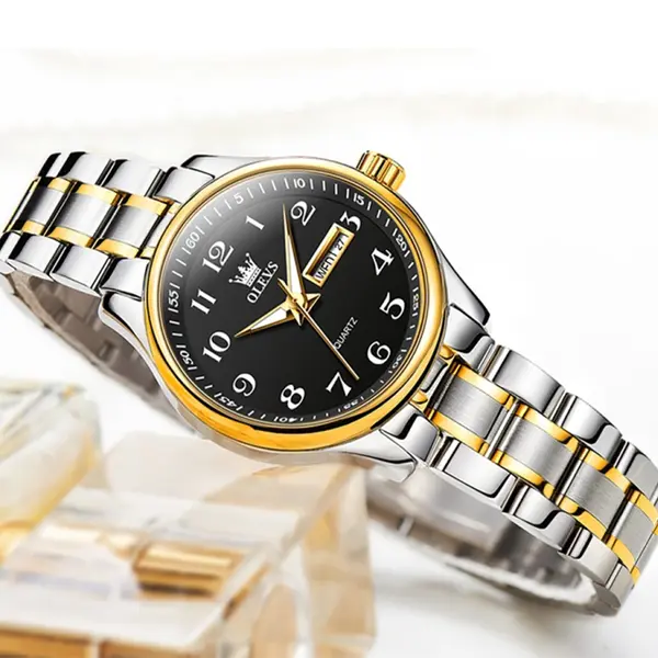 OLEVS 5567 Royal Stainless Steel Waterproof Chronograph Couple's Watch with Luminous – Dial Color: Black, Strap Color: White Gold – View 3