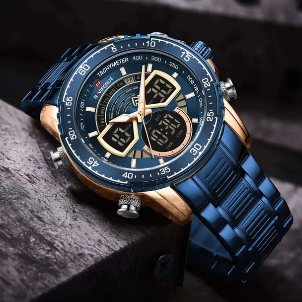 NAVIFORCE NF9189 Stainless Steel Dual Time Wrist Men's Watch – Dial Color: Blue, Strap Color: Blue – View 3