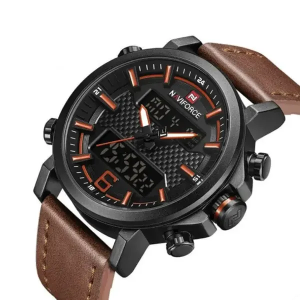 NAVIFORCE 9135 Analog LED Digital Dual Display Sports Men's Watch – Dial Color: Orange, Strap Color:  Brown  – View 2