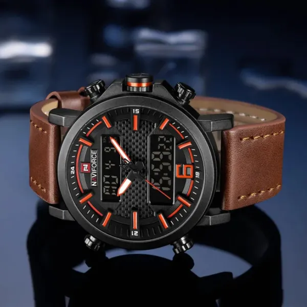 NAVIFORCE 9135 Analog LED Digital Dual Display Sports Men's Watch – Dial Color: Orange, Strap Color:  Brown  – View 3