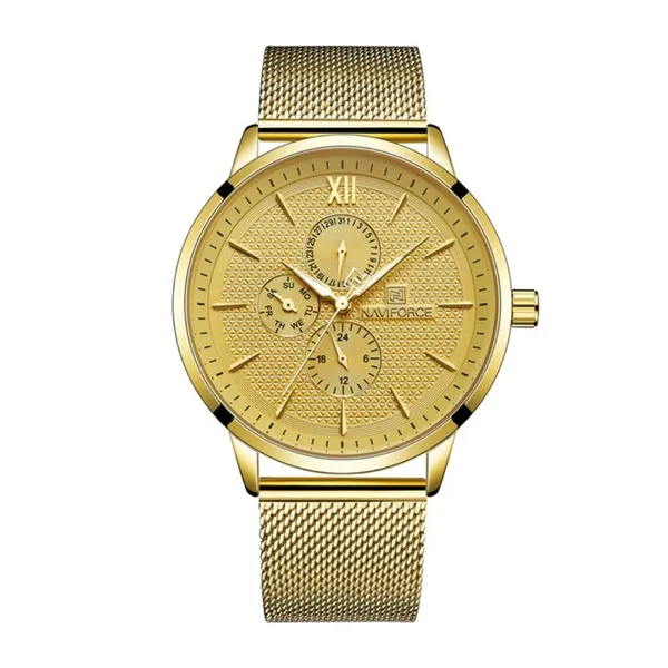 Naviforce NF3003 Mesh Stainless Steel Quartz Men's Watch – Dial Color: Gold, Strap Color: Gold – View 1