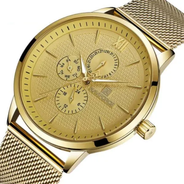 Naviforce NF3003 Mesh Stainless Steel Quartz Men's Watch – Dial Color: Gold, Strap Color: Gold – View 2