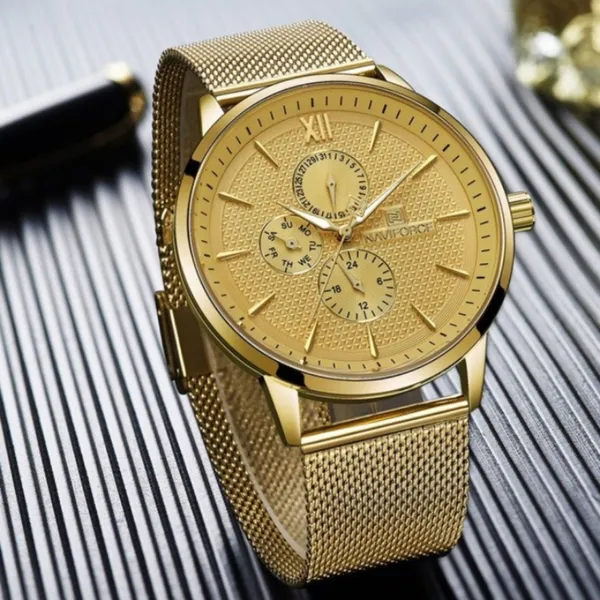 Naviforce NF3003 Mesh Stainless Steel Quartz Men's Watch – Dial Color: Gold, Strap Color: Gold – View 3