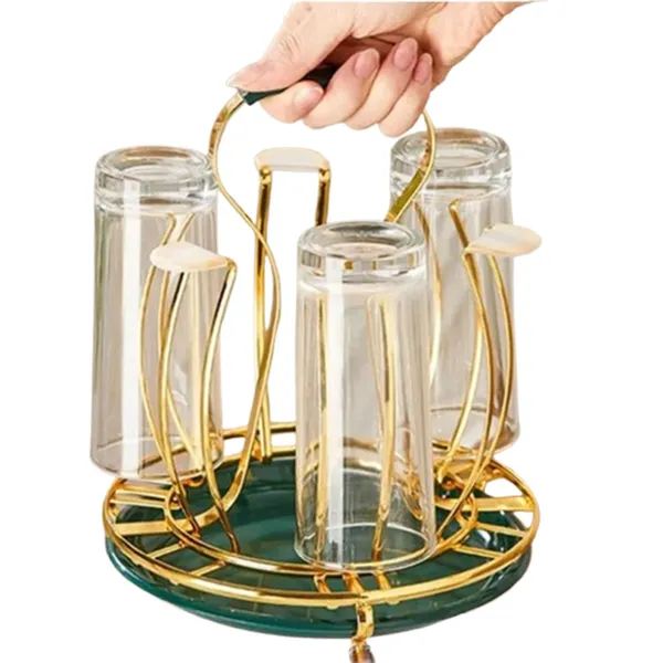 Golden Glass Stand With Drainer Green Tray Stainless Steel Kitchen Organizer 8x4 inch – View 2
