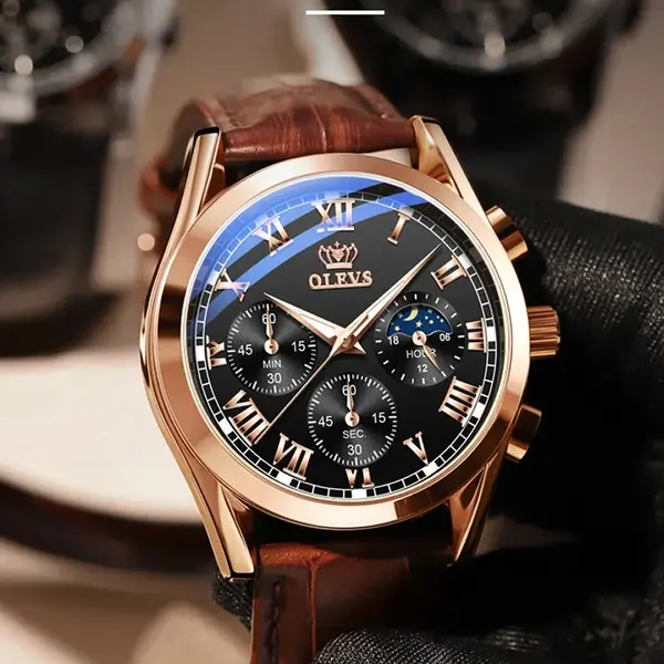 OLEVS 2871 Bold Style Leather Strap Luminous Chronograph Men's Quartz Wristwatch – Dial Color: Black, Strap Color:  Brown  – View 3
