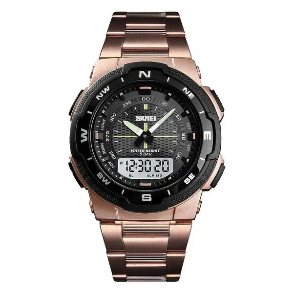 SKMEI 1370 Dual Time Premium Stainless Steel Sporty Men's Watch – Dial Color: Black, Strap Color: Rose – View 1