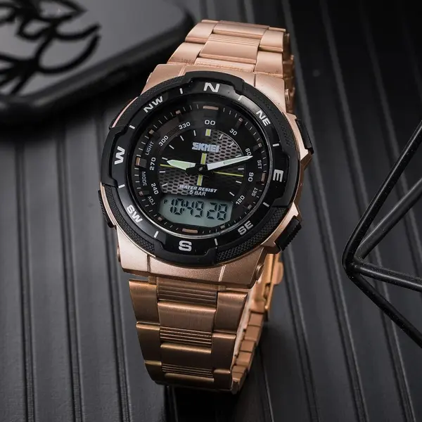 SKMEI 1370 Dual Time Premium Stainless Steel Sporty Men's Watch – Dial Color: Black, Strap Color: Rose – View 2