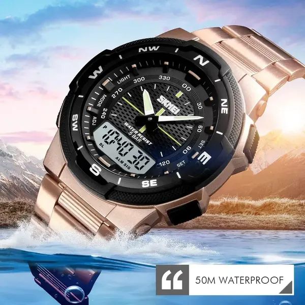 SKMEI 1370 Dual Time Premium Stainless Steel Sporty Men's Watch – Dial Color: Black, Strap Color: Rose – View 3