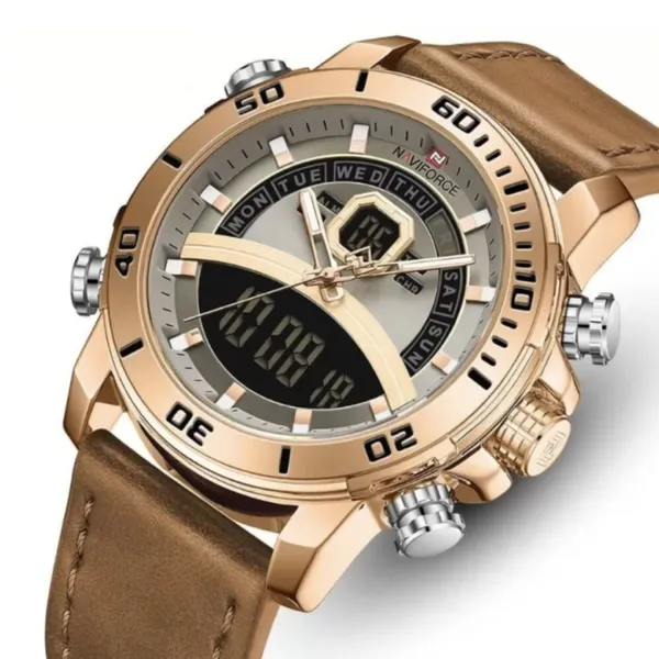 Naviforce NF9181L Dual Display Quartz Waterproof Men's watch – Dial Color: Gold, Strap Color:  Brown  – View 2