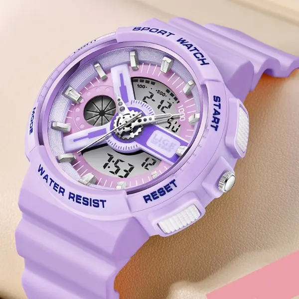 LIGE 8939 Digital Analog High Quality PU Leather Women’s Sports Watch – Dial Color: Purple, Strap Color: Purple – View 3