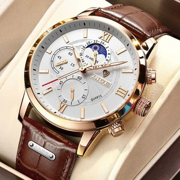 LIGE 8932 Premium Moon Phase Leather Strap Luxury Men's Watch – Dial Color: White, Strap Color:  Brown  – View 2