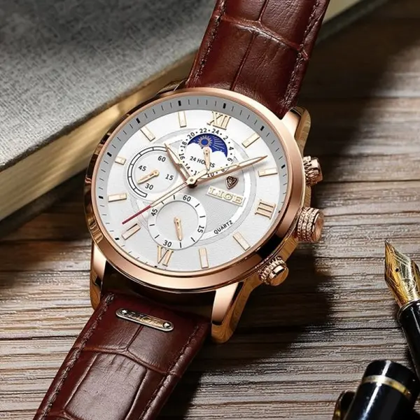 LIGE 8932 Premium Moon Phase Leather Strap Luxury Men's Watch – Dial Color: White, Strap Color:  Brown  – View 4