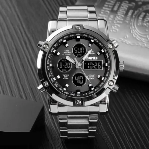 Skmei 1389 Stainless Steel Business Men’s Watch  – Dial Color: Black, Strap Color: Silver – View 3