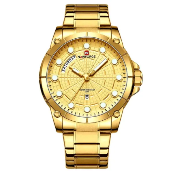 NAVIFORCE 9152 Luxury Brand Stainless Steel Quartz Man's Watch – Dial Color: Gold, Strap Color: Gold – View 1