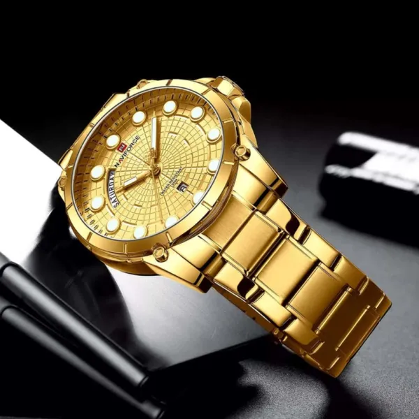 NAVIFORCE 9152 Luxury Brand Stainless Steel Quartz Man's Watch – Dial Color: Gold, Strap Color: Gold – View 3