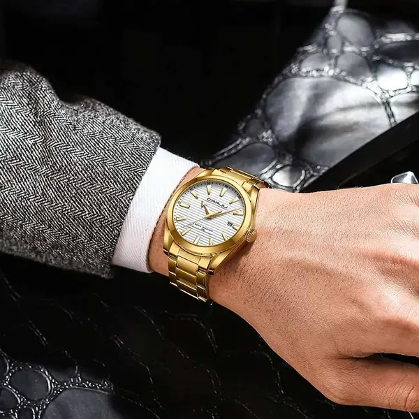 CRRJU 5006 Classic Stainless Steel Multifunctional Analog Quartz Fashion Men's Watch – Dial Color: White, Strap Color: Gold – View 2