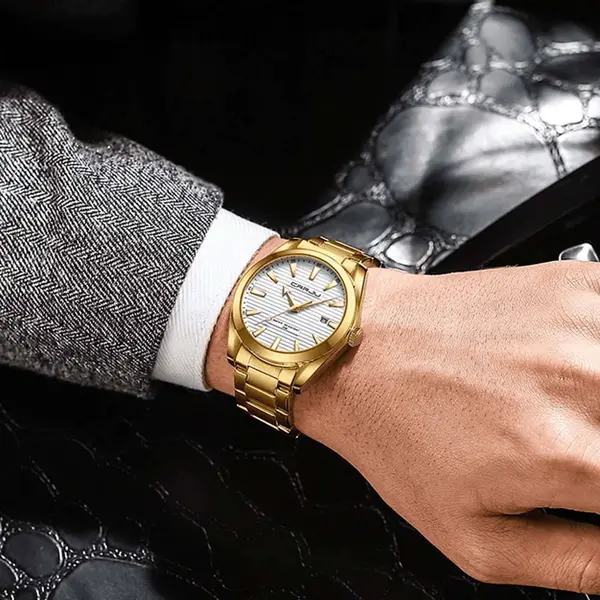 CRRJU 5006 Classic Stainless Steel Multifunctional Analog Quartz Fashion Men's Watch – Dial Color: White, Strap Color: Gold – View 3