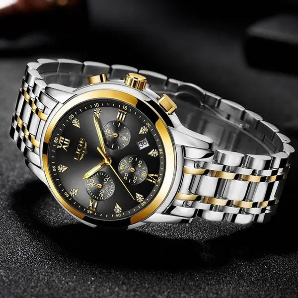 LIGE 10020 Analog Premium Stainless Steel Luxury Men's Watch – Dial Color: Black, Strap Color: Gold  – View 2