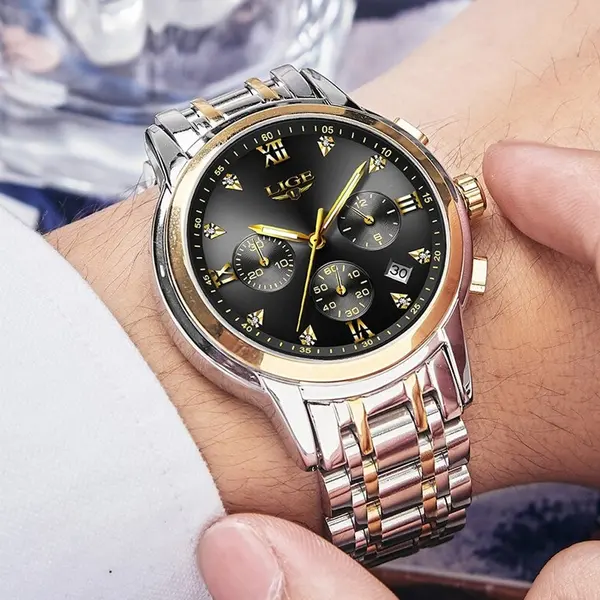 LIGE 10020 Analog Premium Stainless Steel Luxury Men's Watch – Dial Color: Black, Strap Color: Gold  – View 3
