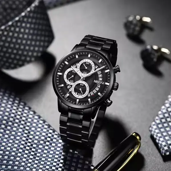 Nibosi 2369 Multifunction Stainless Steel Fashionable Men Watch – Dial Color: Black, Strap Color: Black – View 2
