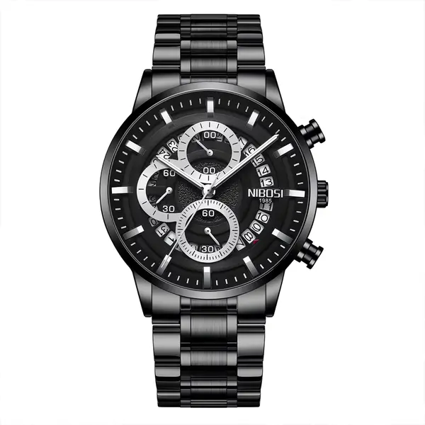 Nibosi 2369 Multifunction Stainless Steel Fashionable Men Watch – Dial Color: Black, Strap Color: Black – View 1