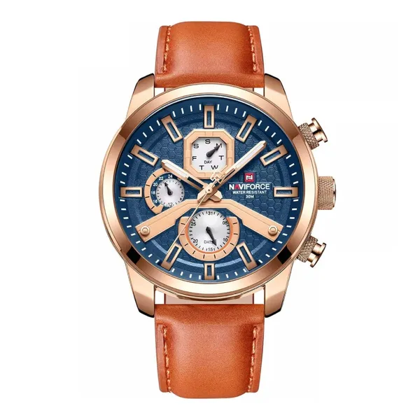 NaviForce NF9211L Chronograph Leather Strap Luminous Men's Watch – Dial Color: Rose, Strap Color: Orange – View 1