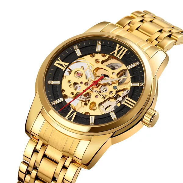 SKMEI 9222 Skeleton Hollow Automatic Mechanical Men's Watch – Dial Color: Black, Strap Color: Gold  – View 2