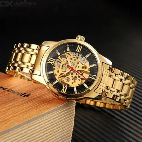 SKMEI 9222 Skeleton Hollow Automatic Mechanical Men's Watch – Dial Color: Black, Strap Color: Gold  – View 3