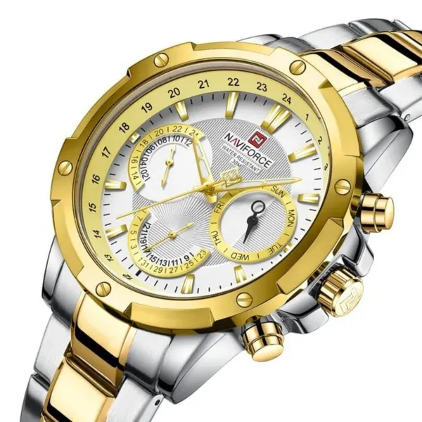 NAVIFORCE NF9196 Silver Stainless Steel Chronograph Men's Watch – Dial Color: Gold, Strap Color: Silver – View 2