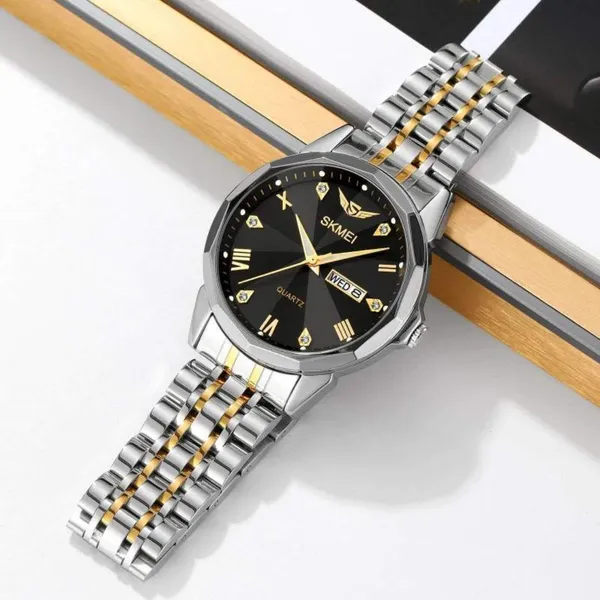 SKMEI 2291 Quartz Waterproof Luminous Stainless Steel Men's Watch – Dial Color: Gold, Strap Color: Silver – View 3