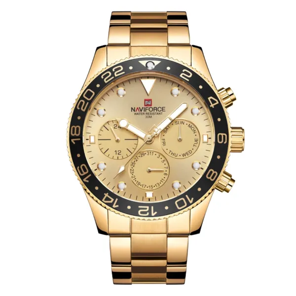 NAVIFORCE 9147 Fashion Full Steel Waterproof Casual Quartz Men's Watch – Dial Color: Gold, Strap Color: Gold – View 1