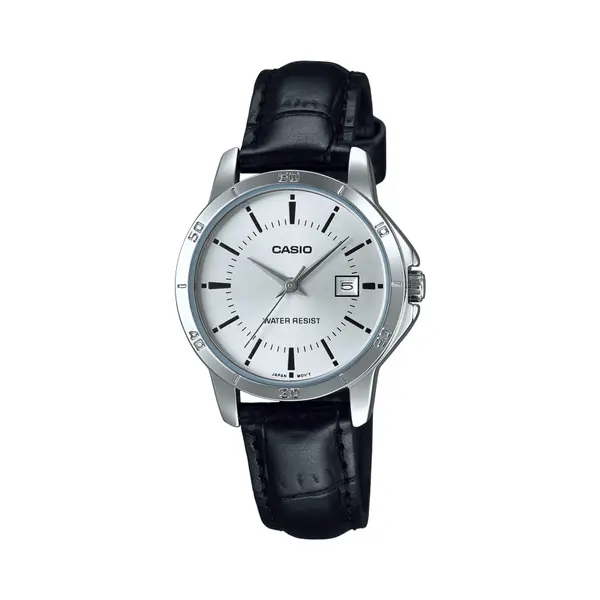 CASIO LTP-V004L-1AUDF Classic Leather Strap Stainless Steel Women's Analog Quartz Watch – Dial Color: White, Strap Color: Black – View 1