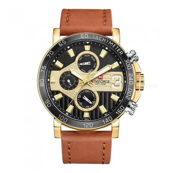 NAVIFORCE 9137 Sports Leather Wrist Strap Analog Quartz Men’s Watch – Dial Color: Gold, Strap Color: Brown – View 1