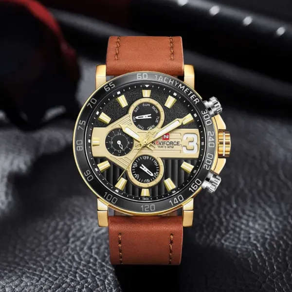 NAVIFORCE 9137 Sports Leather Wrist Strap Analog Quartz Men’s Watch – Dial Color: Gold, Strap Color: Brown – View 3