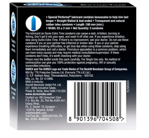Durex ExtraTime Condom - 3pcs Pack - Benzocaine Prolonging Lubricant  – View 2