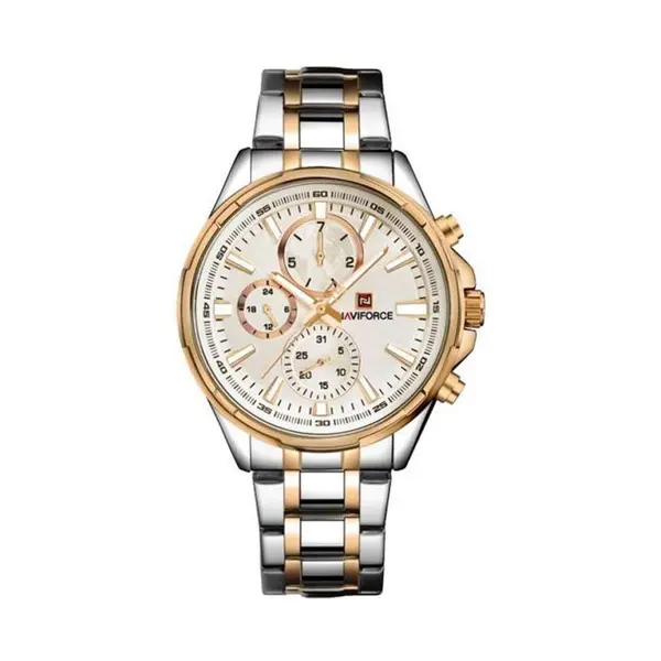 Naviforce NF9089 Stainless Steel Chronograph Multifunctional Classic Men's Watch – Dial Color: Rose Gold, Strap Color: White – View 1