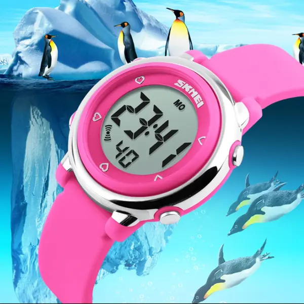 SKMEI 1100 Digital Waterproof Luminous Sporty Kid's Watch – Dial Color: Black, Strap Color: Pink – View 3