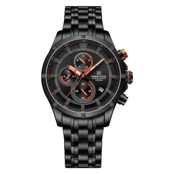 Naviforce 8046 Chronograph Stainless Steel Men Watch – Dial Color: Black, Strap Color: Orange – View 1