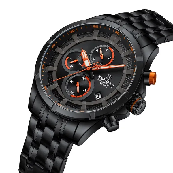 Naviforce 8046 Chronograph Stainless Steel Men Watch – Dial Color: Black, Strap Color: Orange – View 2