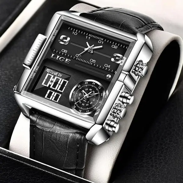 LIGE 8925 Premium Square Dual Time Leather Strap Luxury Men's Watch – Dial Color: Silver, Strap Color: Black – View 2
