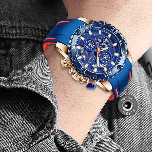 LIGE 10027 Premium PU Leather Analog Sporty Men's Watch – Dial Color: Blue, Strap Color: Blue – View 2