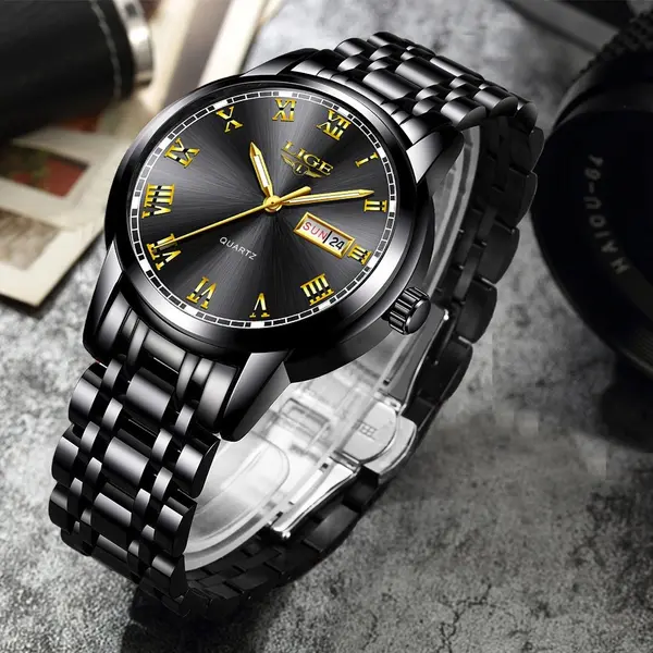 LIGE 9846 Premium Stainless Steel Analog Luxury Men's Watch – Dial Color: Black, Strap Color: Black – View 2