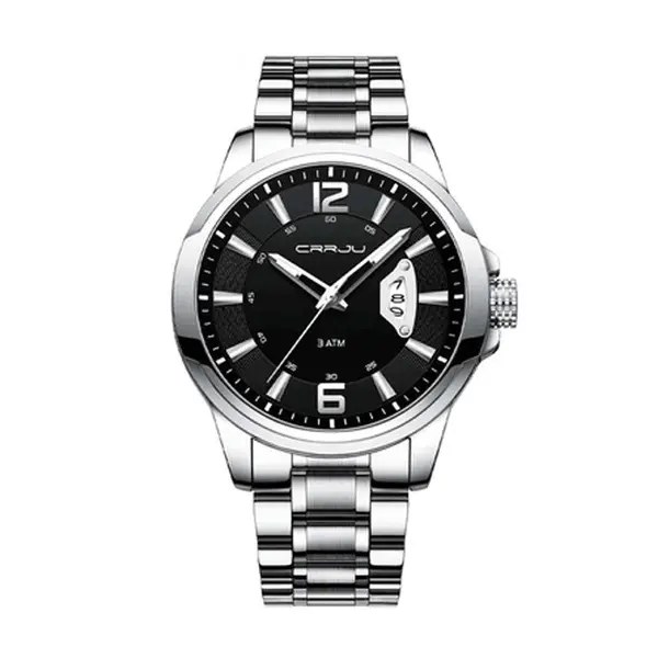 CRRJU 2191 High Quality Stainless Steel Analog Quartz Men's Watch – Dial Color: Black, Strap Color: Silver – View 1