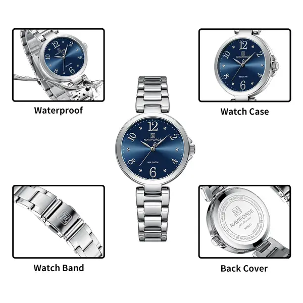 NAVIFORCE NF5031 Fashion Luxury Stainless Steel Women Watch – Dial Color: Blue, Strap Color: Silver – View 2