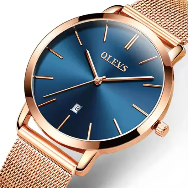 OLEVS 5869 Milanese Mesh Strap Waterproof Versatile Ultra Thin Couple's Wristwatch – Dial Color: Blue, Strap Color: Rose Gold – View 2