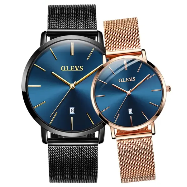OLEVS 5869 Milanese Mesh Strap Waterproof Versatile Ultra Thin Couple's Wristwatch – Dial Color: Blue, Strap Color: Rose Gold – View 4