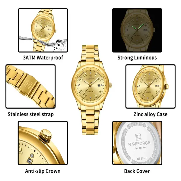 NAVIFORCE NF5059 Japanese Quartz Movement Women’s Elegant Watch – Dial Color: Gold, Strap Color: Gold  – View 2