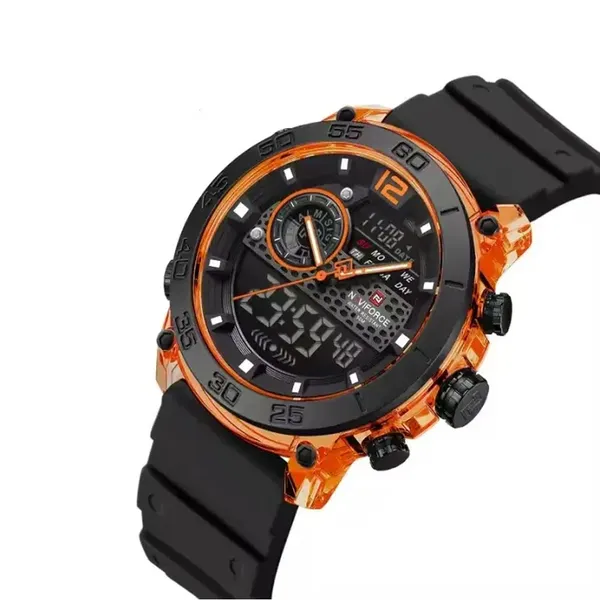 Naviforce 6104 Digital Analog Silicone Strap Waterproof Sporty Men's Watch – Dial Color: Orange, Strap Color: Black – View 2