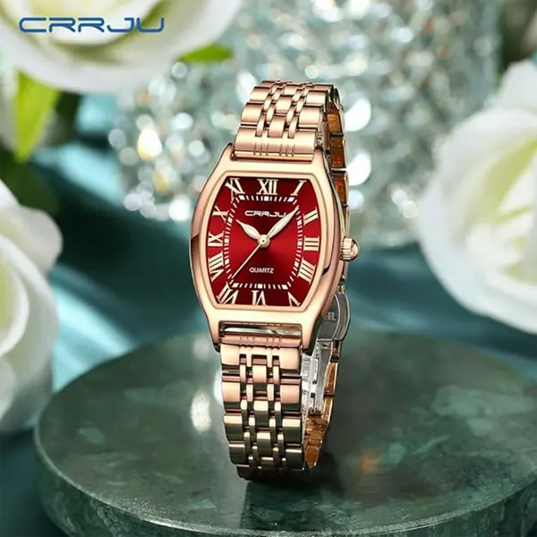 CRRJU 2493 Stainless Steel Japanese Quartz Movement Analog Dress Watch for Women – Dial Color: Red, Strap Color:  Brown  – View 5