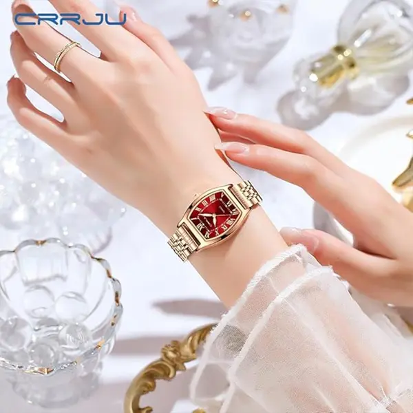 CRRJU 2493 Stainless Steel Japanese Quartz Movement Analog Dress Watch for Women – Dial Color: Red, Strap Color:  Brown  – View 3